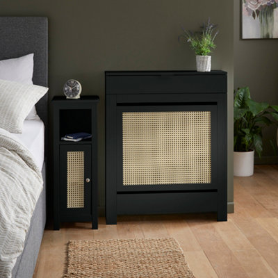 Small Radiator Cover with Drawer and Rattan Panels in Black