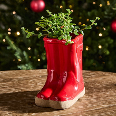 Small Red Wellington Boot Ceramic Indoor Outdoor Flower Pot Garden Planter Pot