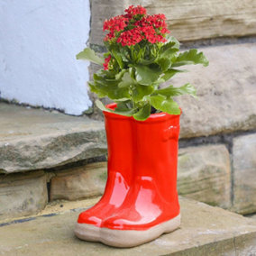 Small Red Wellington Boot Outdoor Summer Ceramic Flower Pot Garden Planter Pot Gift for Gardeners