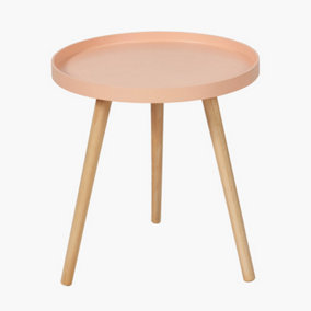 Small Round Coral Side Table With Wooden Tripod Legs For Small Corners