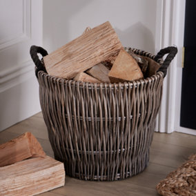 Small Round Grey Wicker Fireplace Log Storage Basket