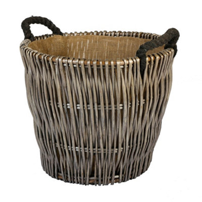 Small Round Grey Wicker Fireplace Log Storage Basket