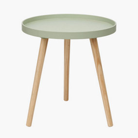Small Round Sage Green Side Table With Wooden Tripod Legs For Small Corners