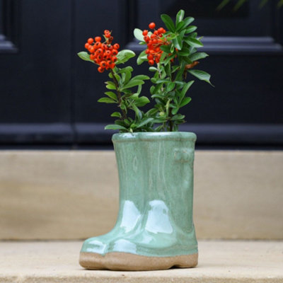 Small Sage Green Wellingtons Boots Ceramic Indoor Outdoor Flower Pot Garden Planter Pot