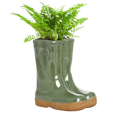 Small Sage Green Wellingtons Boots Ceramic Indoor Outdoor Flower Pot Garden Planter Pot