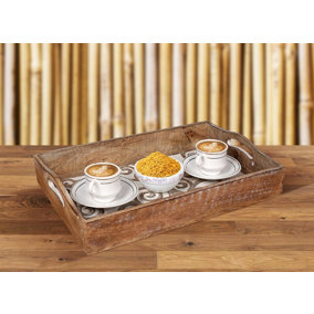 Small Serving Tray With Handles Platter Oak Tree Design White Small 31x20x8cm