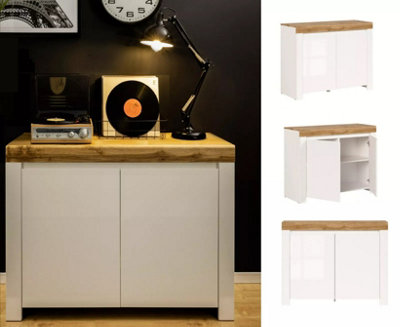 Small Sideboard 2 Door Cupboard Modern White Gloss Oak Effect Soft Close Storage Holten