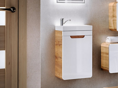 Small Sink for Cloakroom 400mm Vanity Unit Slim Bathroom Cabinet Wall Hung Small White Gloss Oak Compact Arub Price Comparisons | Compare The Build