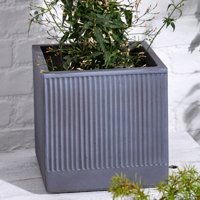 Small Slate Grey Ribbed Finish Fibre Clay Indoor Outdoor Garden Plant Pots Houseplant Flower Planter (W) 25cm, (H)25cm