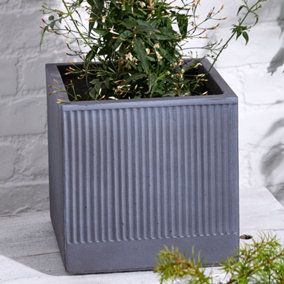 Small Slate Grey Ribbed Finish Fibre Clay Indoor Outdoor Garden Plant Pots Houseplant Flower Planter