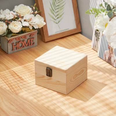 SMALL SOLID WOOD STORAGE BOX WITH HINGED LID AND LATCH, 14CM W X 14CM D ...