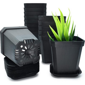 Small Square Plant Pots, Black Plastic Plant Pots for Decorative Indoor and Outdoor with Trays - 15 Pack