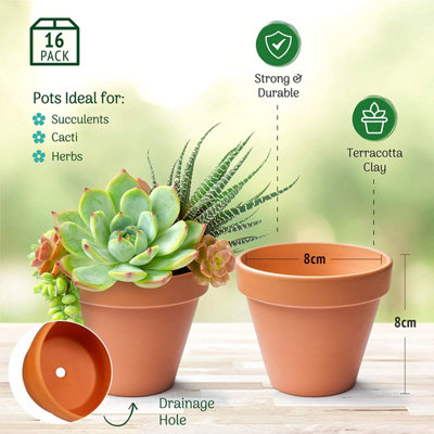 Small Terracotta Plant Pots - (8cm, 16 pots) Mini Terracotta Plant for Flowers, Herb Planters, Seeds and Decor