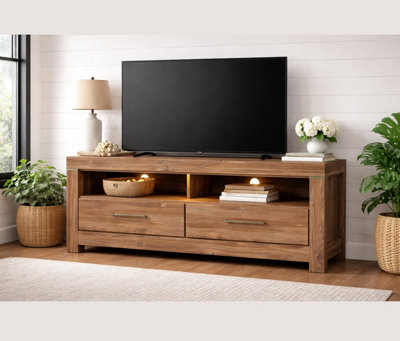 Small TV Unit with Drawers Media Cabinet Storage LED Light Oak Effect ...