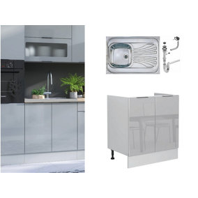 Small Under Sink Cabinet Grey Gloss Kitchen 800mm Modern Single Bowl Steel Sink Basin Star