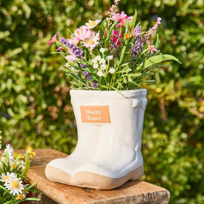 Small White Ceramic Boots Flower Planter with "Happy Easter" Engraved Plaque Gardening Gift (H)10cm, (W) 12cm