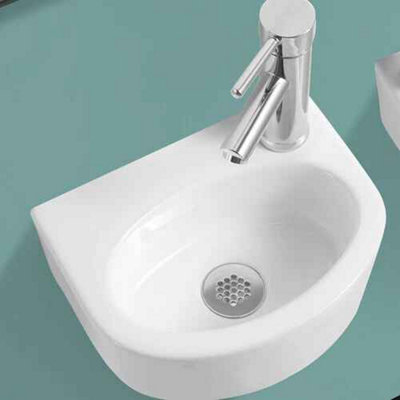 Small white ceramic mini hand wash basin, Compact cloakroom bathroom ...