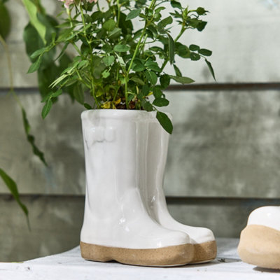Small White Double Wellington Ceramic Indoor Outdoor Flower Pot Garden Planter Pot (H) 17cm, (W)15cm