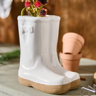 Small White Double Wellington Outdoor Boot Summer Ceramic Flower Pot