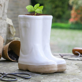Small White Double Wellington Outdoor Boot Summer Ceramic Flower Pot Garden Planter Pot Gift for Gardeners