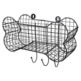 Small Wire Storage Shelf Bone Shaped Basket With Dog Lead Hooks Pet Tidier