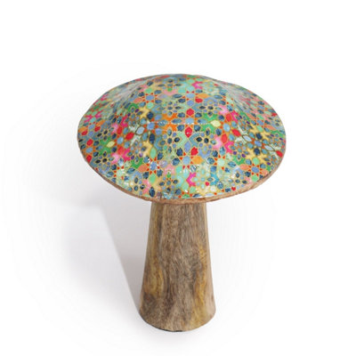 Small Wooden Mushroom with Mediterranean Tile Pattern - Decorative Accent