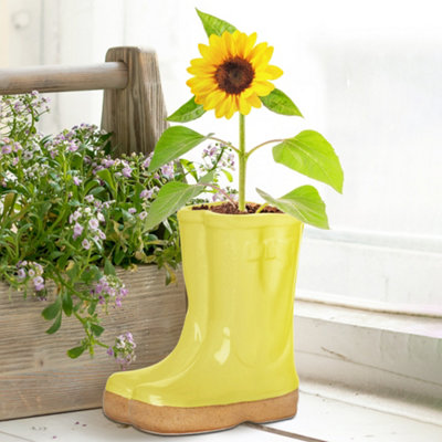 Small Yellow Wellington Boot Indoor Outdoor Flower Pot Garden Planter