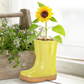 Small Yellow Wellington Boot Outdoor Ceramic Flower Pot Garden Planter Pot Gift for Gardeners