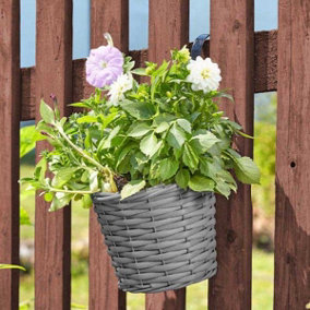 Smart Garden 20cm 8 Inch Rattan Effect Hanging Pot Basket Slate Grey Planter