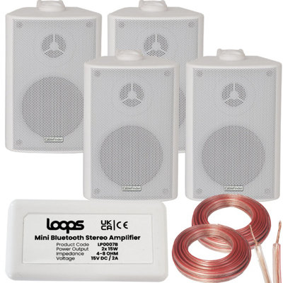 SMART HOME Bluetooth Amplifier & 4 White Wall Mount Speaker Kit Compact HiFi Amp