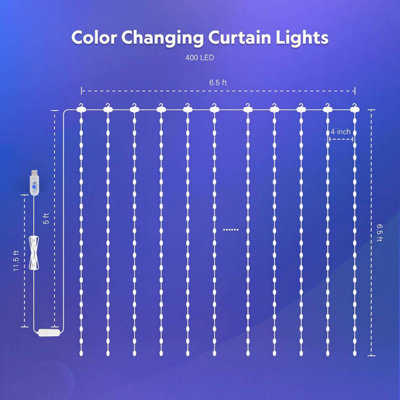 Smart LED Curtain Lights Christmas, Smart Lights Outdoor 6.5ft ...