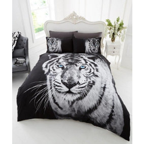 Smart Living 3D Duvet Cover With Pillowcases Polycotton Quilt Bedding Covers Comfy Breathable Comforter Cover Set - White Tiger