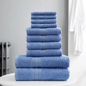 Smart Living Luxury 100% Cotton 10 Piece Super Soft Bathroom Towel Bale Set - Blue