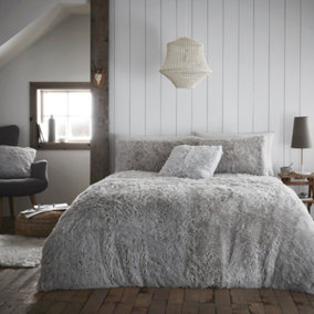 Smart Living Luxury Fluffy Fur Fleece Duvet Cover Sets Super Soft Warm Teddy Bear Fleece Cosy Bedding Sets - Silver-Grey