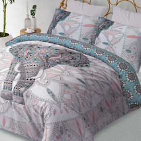 Smart Living Luxury Reversible Polycotton Easy Care Bedding Quilt Cover, Textured Duvet Cover Set, Bed Covers - Elephant Mandala