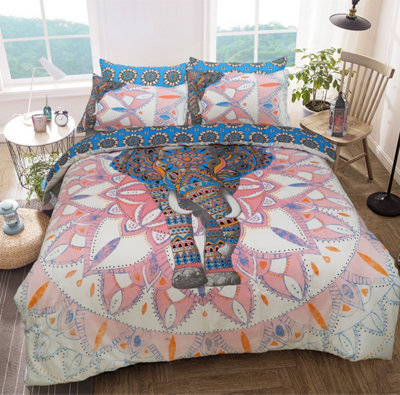 Smart Living Luxury Reversible Polycotton Easy Care Bedding Quilt Cover, Textured Duvet Cover Set, Bed Covers - Elephant Mandala