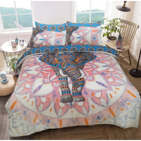 Smart Living Luxury Reversible Polycotton Easy Care Bedding Quilt Cover, Textured Duvet Cover Set, Bed Covers - Elephant Mandala
