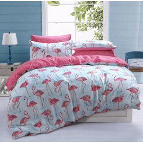 Smart Living Luxury Reversible Polycotton Easy Care Bedding Quilt Cover, Textured Duvet Cover Set, Bed Covers - Flamingo Stripe