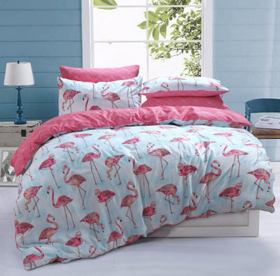 Smart Living Luxury Reversible Polycotton Easy Care Bedding Quilt Cover, Textured Duvet Cover Set, Bed Covers - Flamingo Stripe