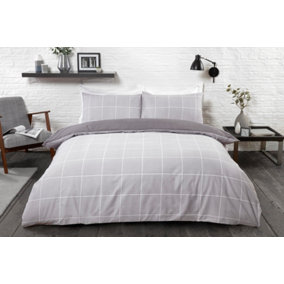 Smart Living Luxury Reversible Polycotton Easy Care Bedding Quilt Cover, Textured Duvet Cover Set, Bed Covers - Grid Check