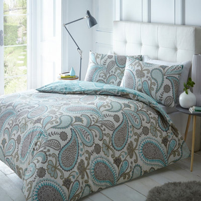 Parure De Lit King Size En Coton 100% – Couette Et Taies – Motif Paisley Turquoise – Pré-rétréci