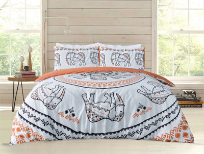 Smart Living Luxury Reversible Polycotton Easy Care Bedding Quilt Cover, Textured Duvet Cover Set, Bed Covers - Tribal Elephant