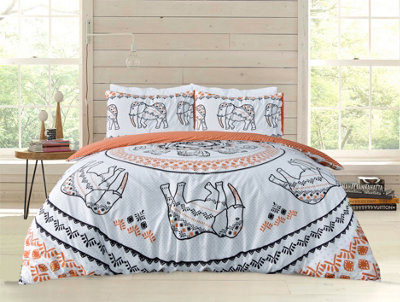 Smart Living Luxury Reversible Polycotton Easy Care Bedding Quilt Cover, Textured Duvet Cover Set, Bed Covers - Tribal Elephant