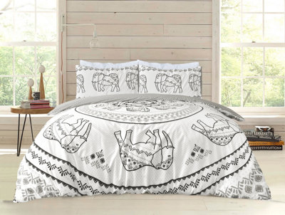 Smart Living Luxury Reversible Polycotton Easy Care Bedding Quilt Cover, Textured Duvet Cover Set, Bed Covers - Tribal Elephant