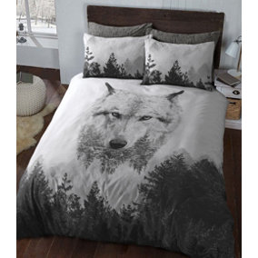 Smart Living Luxury Reversible Polycotton Easy Care Bedding Quilt Cover, Textured Duvet Cover Set, Bed Covers - Wolf Panel