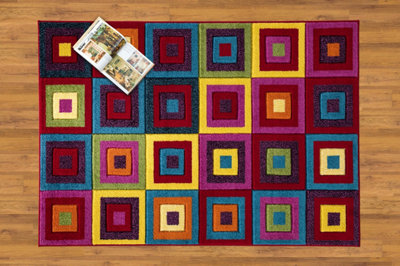 Smart Living Modern Thick Soft Carved Area Rug, Living Room Carpet, Kitchen Floor, Bedroom Soft Rugs 120cm x 170cm- Squares Bright
