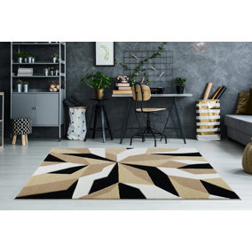 Smart Living Modern Thick Soft Carved Area Rug, Living Room Carpet, Kitchen Floor, Bedroom Soft Rugs 160cm x 230cm - Beige Black
