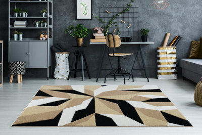 Smart Living Modern Thick Soft Carved Area Rug, Living Room Carpet, Kitchen Floor, Bedroom Soft Rugs 60cm x 110cm - Beige Black