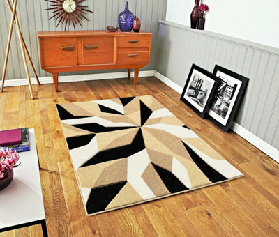 Smart Living Modern Thick Soft Carved Area Rug, Living Room Carpet, Kitchen Floor, Bedroom Soft Rugs 60cm x 110cm - Beige Black