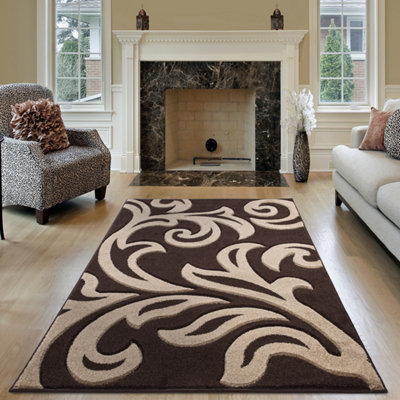 Smart Living Modern Thick Soft Carved Area Rug, Living Room Carpet, Kitchen Floor, Bedroom Soft Rugs 60cm x 110cm - Brown Beige